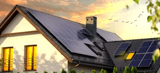PV-Anlage für Privat Haus mit ganzem Dach voller PV Anlagen. Sonnenuntergang und Vögel am Himmel solarenergiehamburg.de